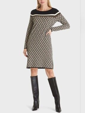 Marc Cain Black and Beige Patterned Long-Sleeve Knit Dress